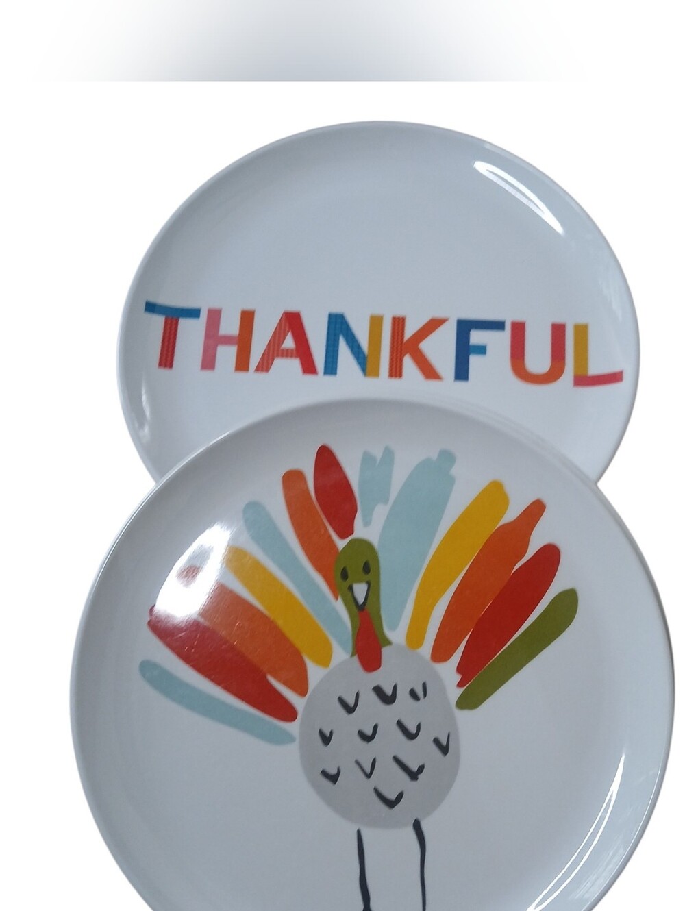 Set Of 4 Crate & Barrel Melamine Plates Thanksgiving Turkey & Thankful Design